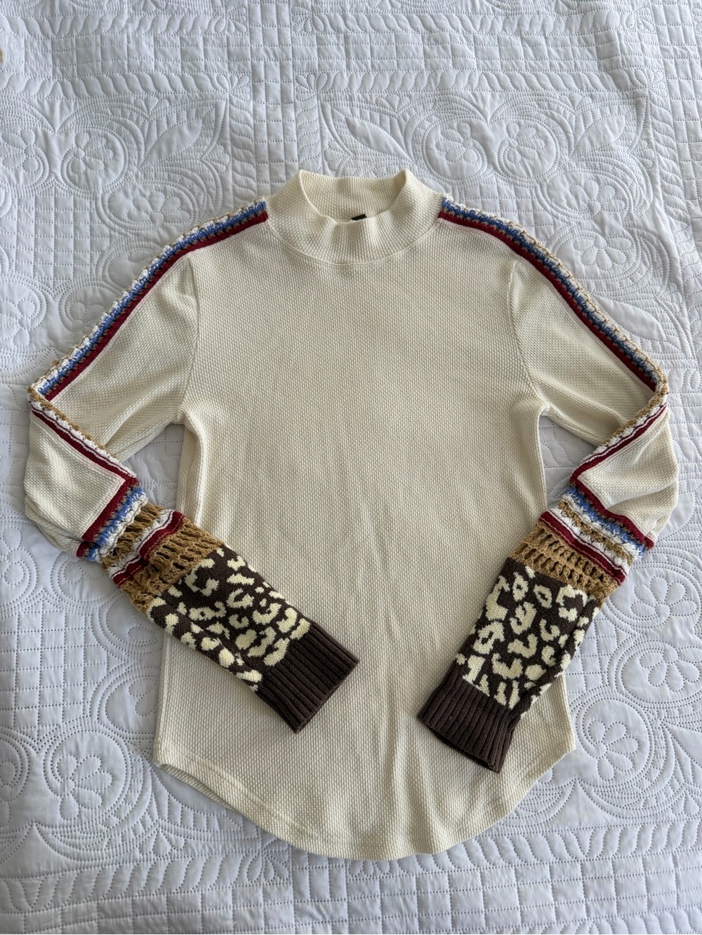 Free People Cream Knit Mock-Neck Sweater w Multicolor Trim and Leopard Cuffs Lg